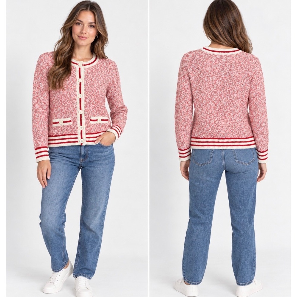 Vintage E-Land Club Marled Knit Cardigan Womens M Red White Button Front Varsity